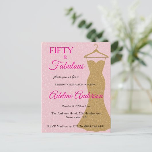 Fifty and Fabulous Script Pink Gold 50th Birthday ポストカード (スタンド正面)