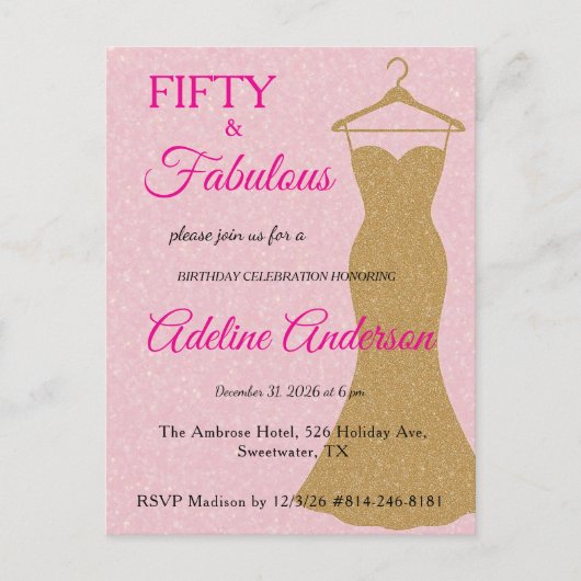 Fifty and Fabulous Script Pink Gold 50th Birthday ポストカード (正面)