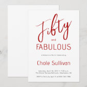 Fifty and Fabulous Script Red 50th Birthday Party 招待状 (正面/裏面)