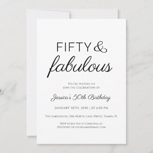 Fifty and Fabulous Script Text 50th Birthday Party 招待状 (正面)