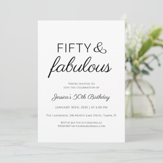 Fifty and Fabulous Script Text 50th Birthday Party 招待状 (スタンド正面)