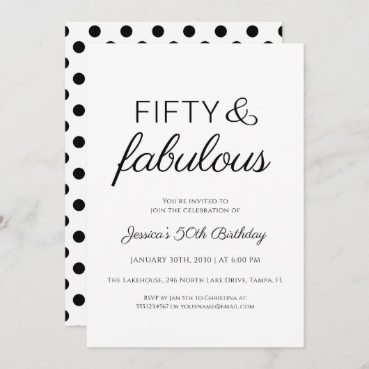 Fifty and Fabulous Script Text 50th Birthday Party 招待状 (正面/裏面)