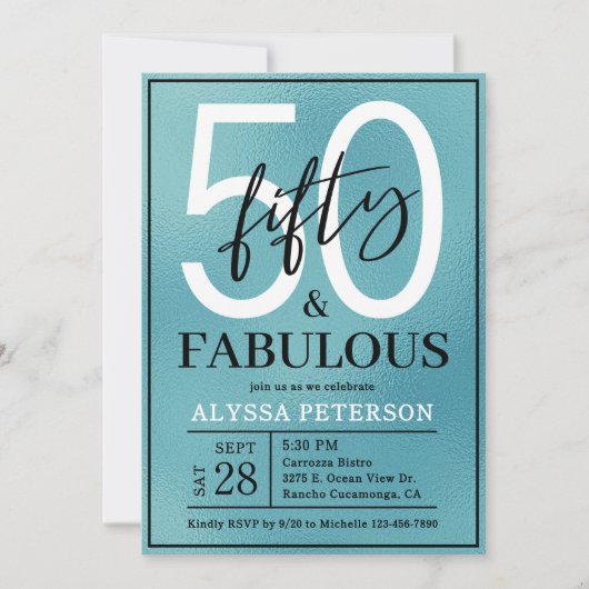 Fifty and Fabulous Teal Script 50th Birthday 招待状 (正面)