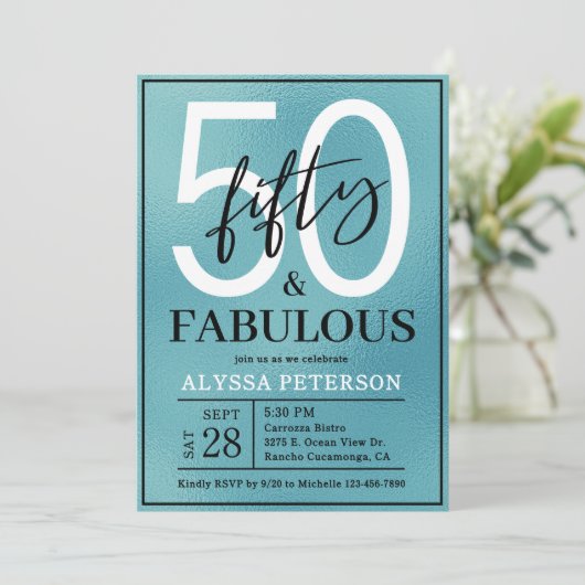Fifty and Fabulous Teal Script 50th Birthday 招待状 (スタンド正面)