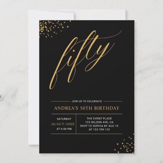 Fifty Birthday Gold & Black 50th Birthday 招待状 (正面)