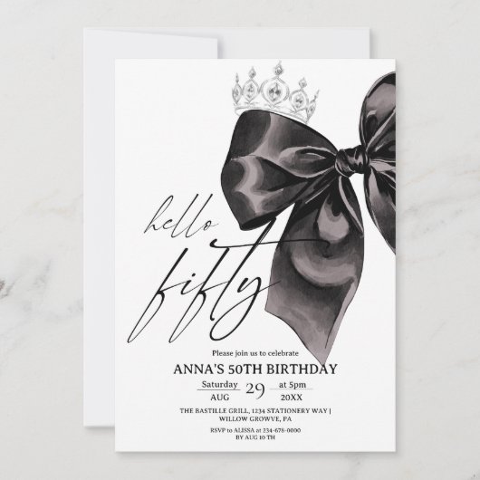 Fifty Black Bow 50th Birthday Invitation 招待状 (正面)