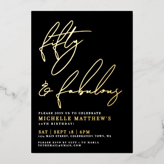 Fifty Fabulous Black 50th Birthday Gold 箔招待状 (正面)