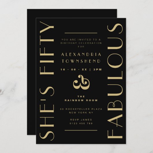 Fifty & Fabulous Black Art Deco 50th Birthday 招待状 (正面/裏面)