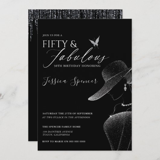 Fifty & Fabulous Black Glam 50th Birthday 招待状 (正面/裏面)