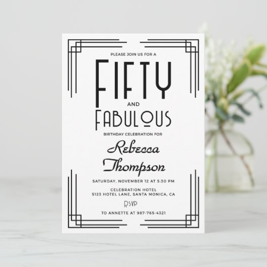 Fifty Fabulous Black White Art Deco 50th Birthday 招待状 (スタンド正面)