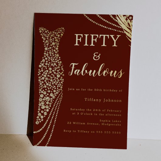 Fifty & Fabulous Burgundy & Gold 50th Birthday 箔招待状