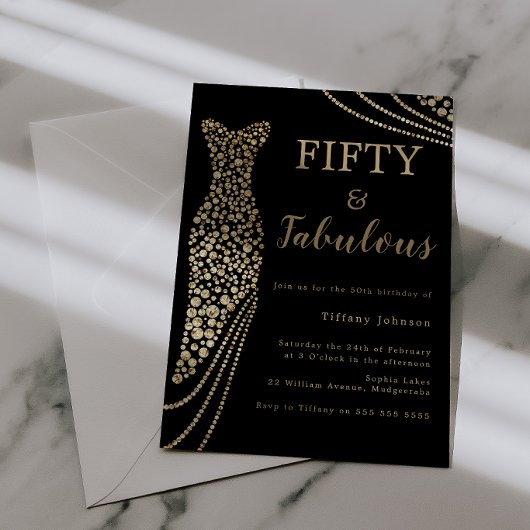 Fifty & Fabulous Elegant Gold Dress 50th Birthday 招待状