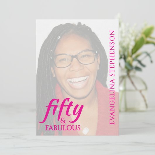 Fifty Fabulous Fiftieth 50th Birthday Pink Photo 招待状 (スタンド正面)
