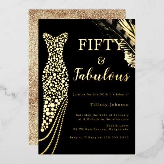 Fifty & Fabulous Gold Foil Dress 50th Birthday  箔招待状 (正面/裏面)