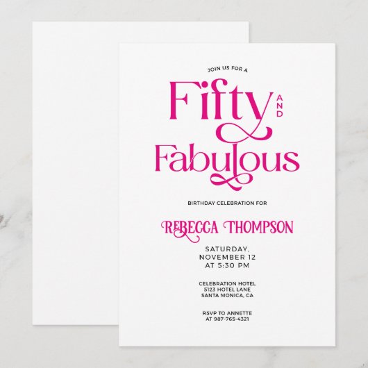 Fifty Fabulous Hot Pink Script 50th Birthday 招待状 (正面/裏面)