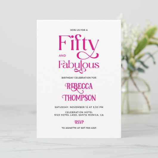 Fifty Fabulous Hot Pink Script 50th Birthday 招待状 (スタンド正面)