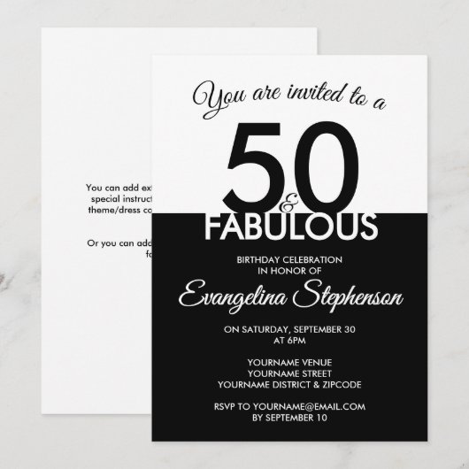 Fifty Fabulous Modern Black White 50th Birthday  招待状 (正面/裏面)