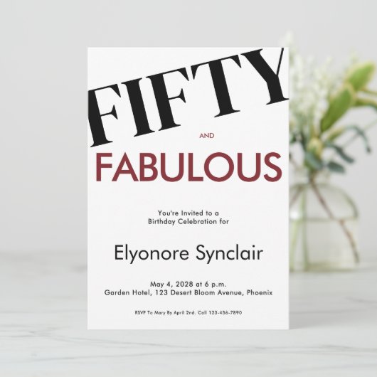 Fifty & Fabulous Modern Cherry Wine 50th Birthday 招待状 (スタンド正面)