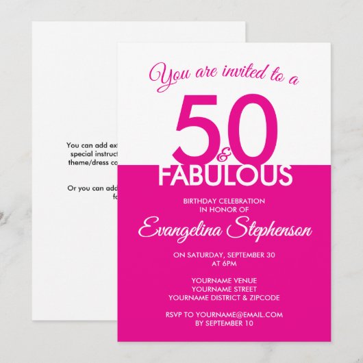 Fifty Fabulous Modern Pink White 50th Birthday  招待状 (正面/裏面)