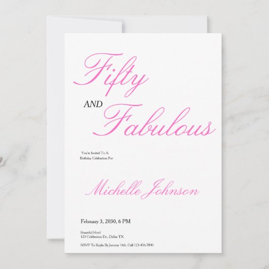 Fifty & Fabulous Pink 50th Birthday Party 招待状 (正面)