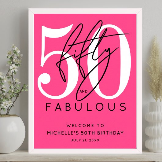 Fifty Fabulous Pink 50th Birthday Welcome Sign ポスター