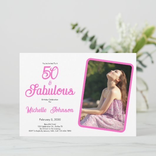 Fifty & Fabulous Pink Black 50th Birthday Party 招待状 (スタンド正面)