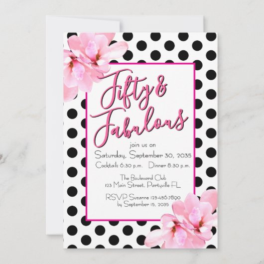 Fifty & Fabulous Pink Floral Black Birthday 招待状 (裏面)