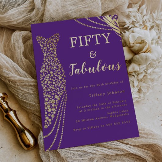 Fifty & Fabulous Purple & Gold 50th Birthday  箔招待状