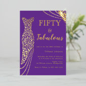 Fifty & Fabulous Purple & Gold 50th Birthday  箔招待状 (立ち正面)