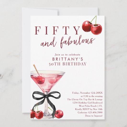 Fifty & Fabulous Red Cherry Martini 50th Birthday 招待状 (正面)