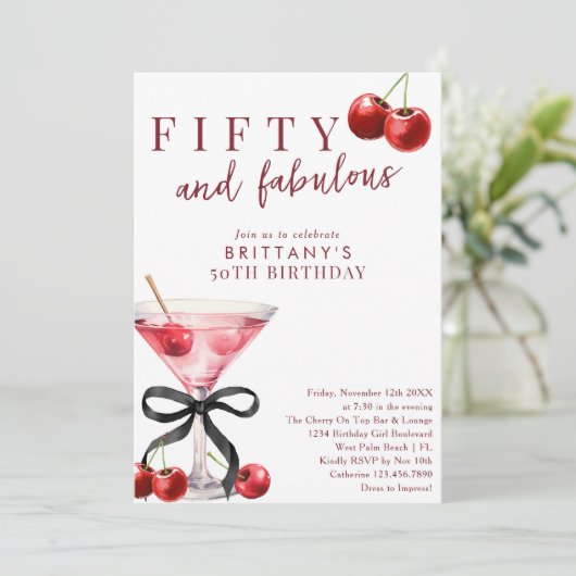 Fifty & Fabulous Red Cherry Martini 50th Birthday 招待状 (スタンド正面)