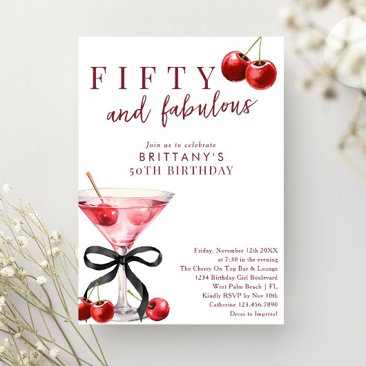 Fifty & Fabulous Red Cherry Martini 50th Birthday 招待状