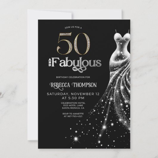 Fifty Fabulous Silver Dress Black 50th Birthday 招待状 (正面)