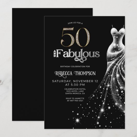 Fifty Fabulous Silver Dress Black 50th Birthday 招待状 (正面/裏面)