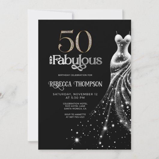 Fifty Fabulous Silver Dress Black 50th Birthday 招待状 (正面)