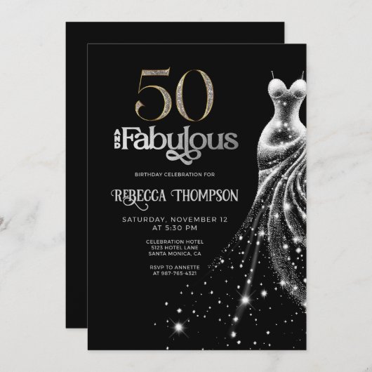 Fifty Fabulous Silver Dress Black 50th Birthday 招待状 (正面/裏面)