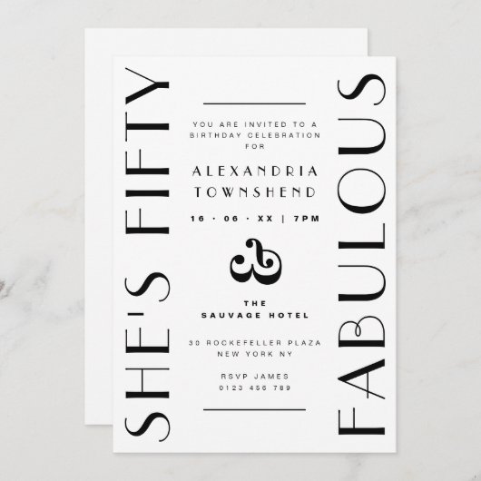 Fifty & Fabulous White Art Deco 50th Birthday 招待状 (正面/裏面)