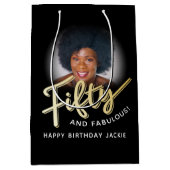 Fifty gold script and custom photo 50th birthday ミディアムペーパーバッグ (正面)