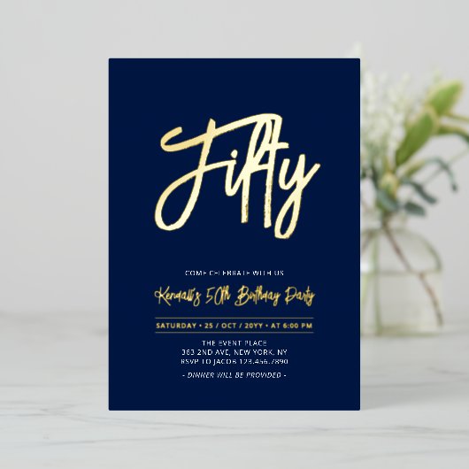 Fifty | Navy Chic Script 50th Birthday Party 箔招待状 (立ち正面)