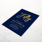 Fifty | Navy Chic Script 50th Birthday Party 箔招待状 (回転した状態)