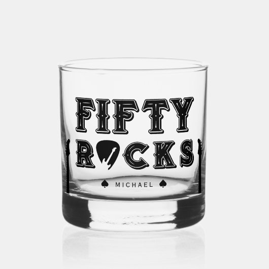 Fifty Rocks Guitar Pick 50th Birthday Party ウイスキーグラス (正面)