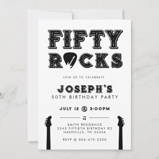 Fifty Rocks Guitar Pick 50th Birthday Party 招待状 (正面)