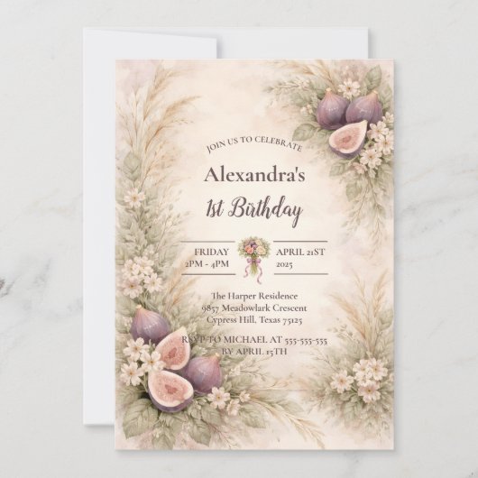 Fig Garden Floral 1st Birthday 招待状 (正面)