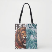 Fight or Flow ライオンと水の波デザイン トートバッグ (正面)