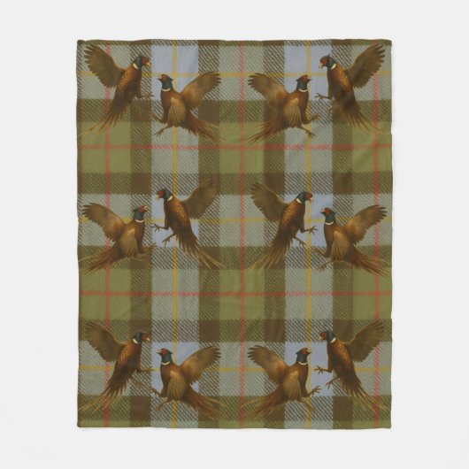 Fighting Pheasants on tweed / tartan background フリースブランケット (正面)