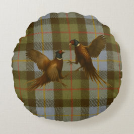 Fighting Pheasants on tweed / tartan background  ラウンドクッション