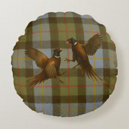 Fighting Pheasants on tweed / tartan background  ラウンドクッション (正面)