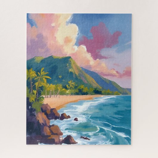 Fiji Mountains Coastline Travel Painting ジグソーパズル (縦)