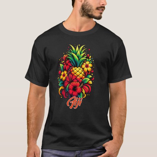 Fiji Pineappleと熱帯の花,旅行と広告 Tシャツ (正面)