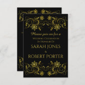 Filigreeデザインの金ゴールドで黒のスクリプトを作成結婚 招待状 (正面/裏面)